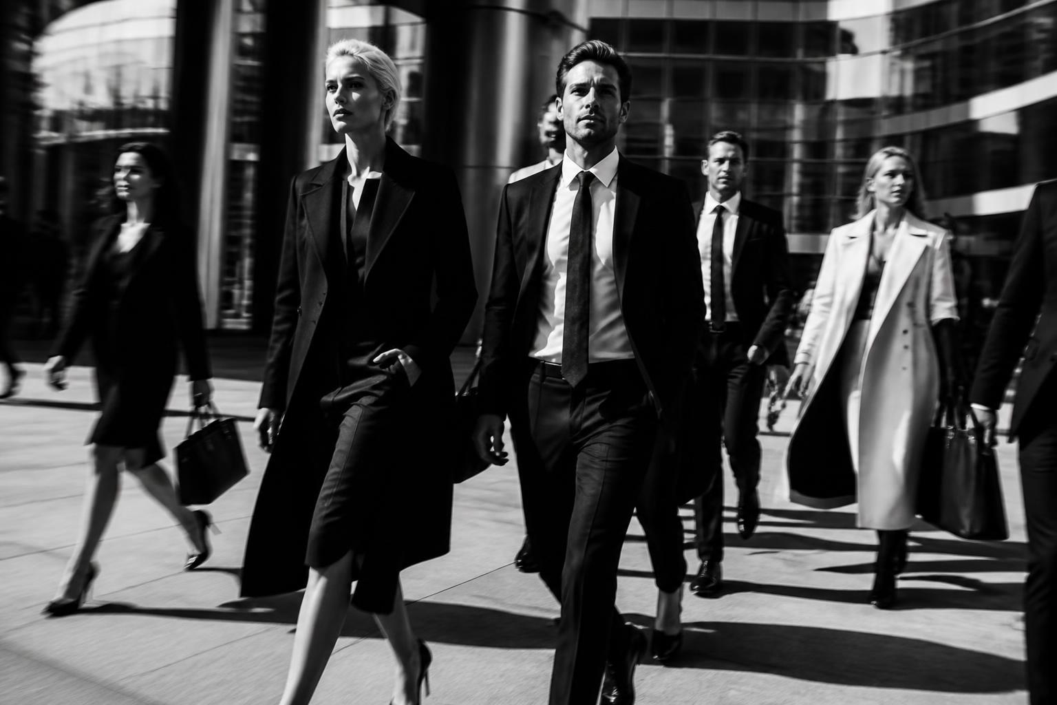 Team in motion through a modern city plaza